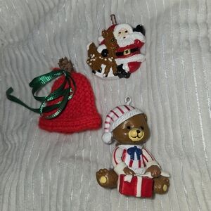 Vintage Set Of 3 Ornaments - Red, Green, Brown- Bear, Hat And Santa.